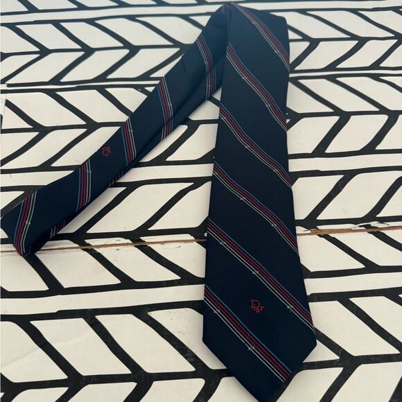 Christian Dior navy simple stripe neck tie - Picture 1 of 4